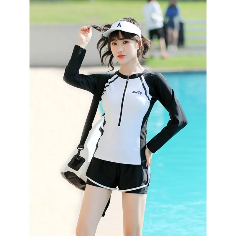 Sports style swimsuit for female split body students, conservative belly covering and slimming flat corner pants, large size, su