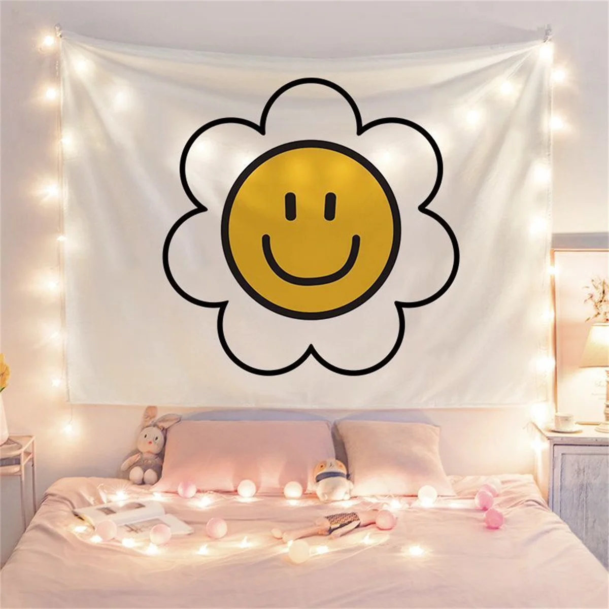 1 Stück minimalistischer Wandteppich mit Blumen- und Smiley-Aufdruck, Wandbehang für Schlafzimmer, Wohnzimmer, Wohnheim, Renovierung, Heimdekoration, Hintergrund