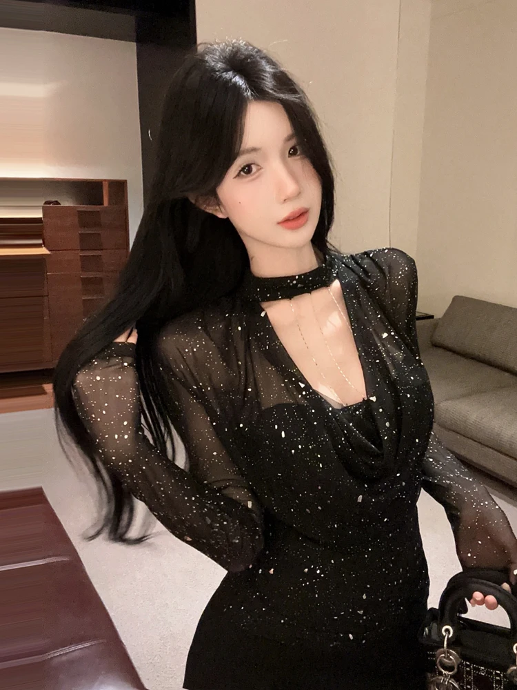 Design Sensation Long Sleeve T-Shirt Neck Hanging Drilled Rhinestone Slim Fit Asymmetrical Black Inner Wear Top for Women