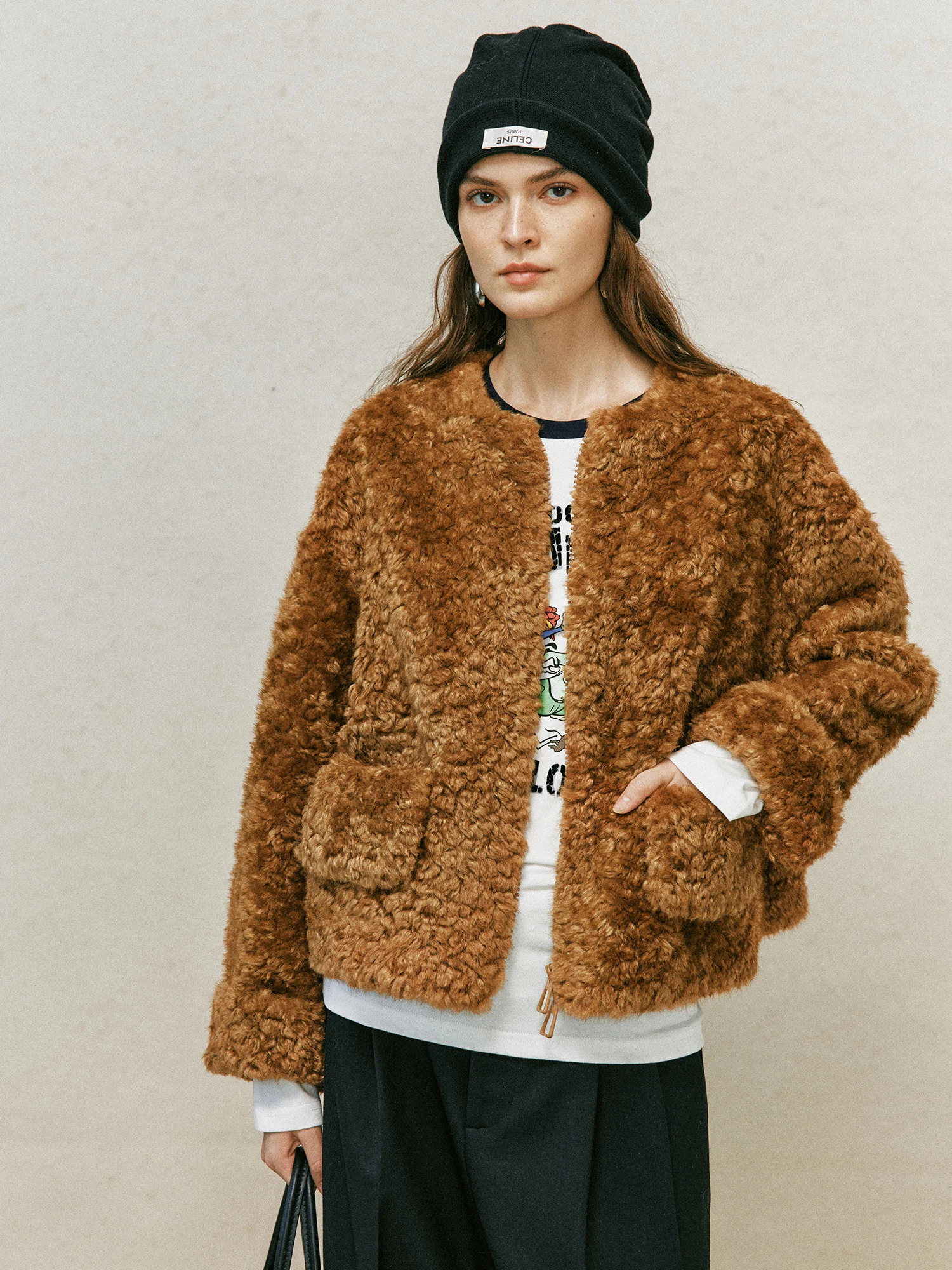 Eco-Friendly Fur Jacket round Neck Skin And Hair Integrated High-End Feelings Short Style Zipper Closure Women's Coat