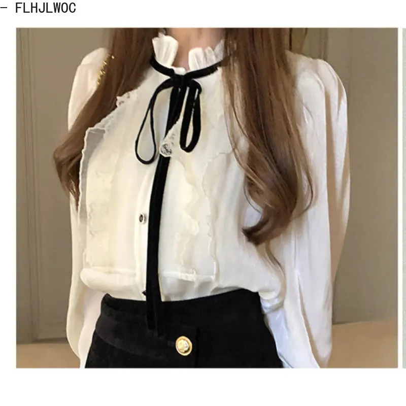 Bow Tie Tops Women Korean Style Japan Design Clothes Long Sleeve Elegant Office Lady Cute Ribbon Sweet Basic Shirts Blouses