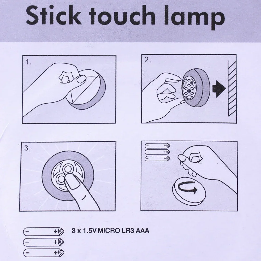 1/2/3pcs 3 LED Touch Control Night Light Round Lamp Under Cabinet Closet Push Stick On Lamp Home Kitchen Bedroom Automobile Use