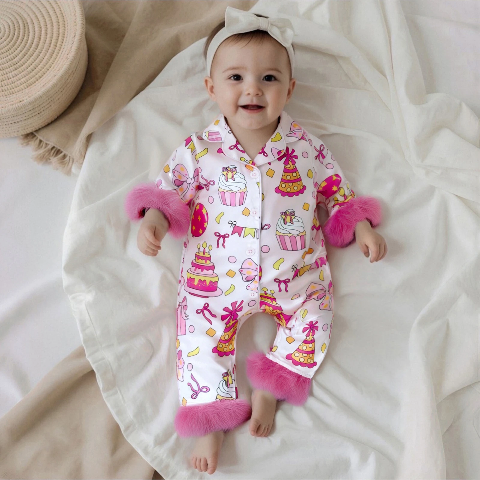 

Baby Girls Christmas Satin Pajamas Long Sleeve Turn Down Collar Birthday Cake Bow Balloon Print Furry Cuffs Hem Sleepwear