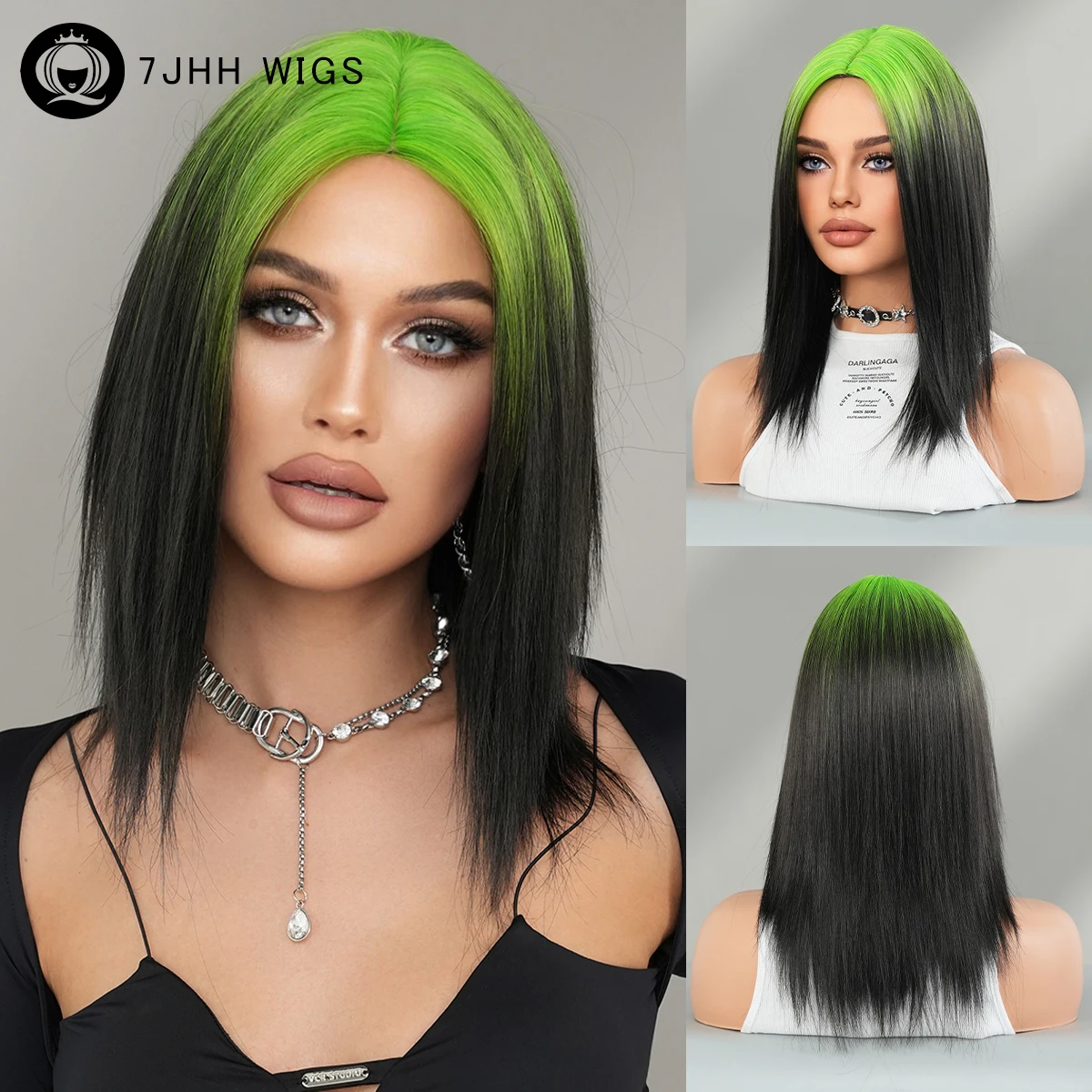 

7JHH WIGS Halloween Cosplay Wig High Density Synthetic Shoulder Length Middle Part Green Ombre Black Wigs for Women Daily Party