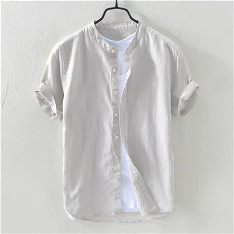 Men Retro Simple Casual Stand Collar Cotton Linen Button Shirts Summer Japanese Style Solid Short Sleeve Tops Camisas De Hombre