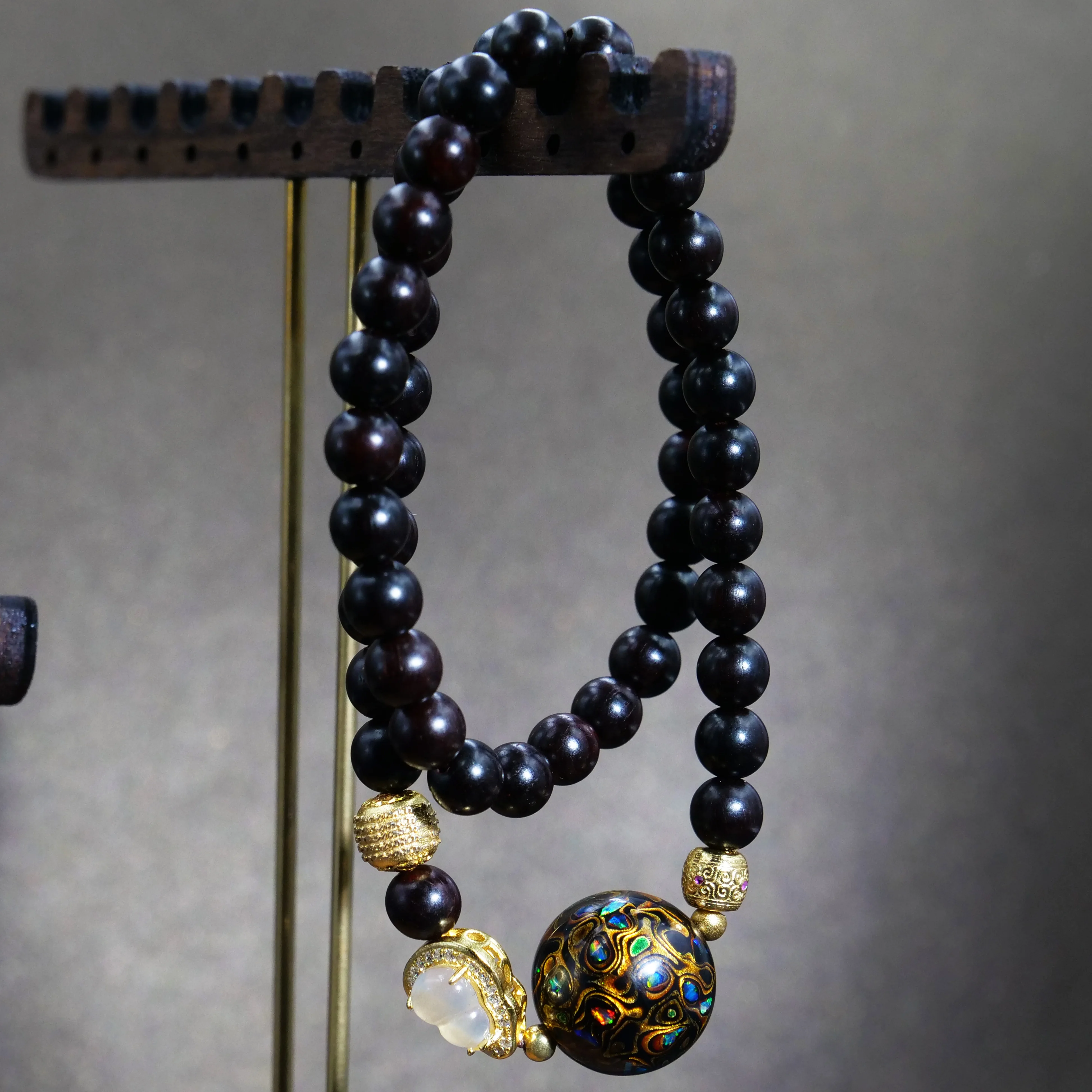 

Black gold lacquer bead bracelet, high quality copper electric gold plated, intangible cultural heritage, handmade