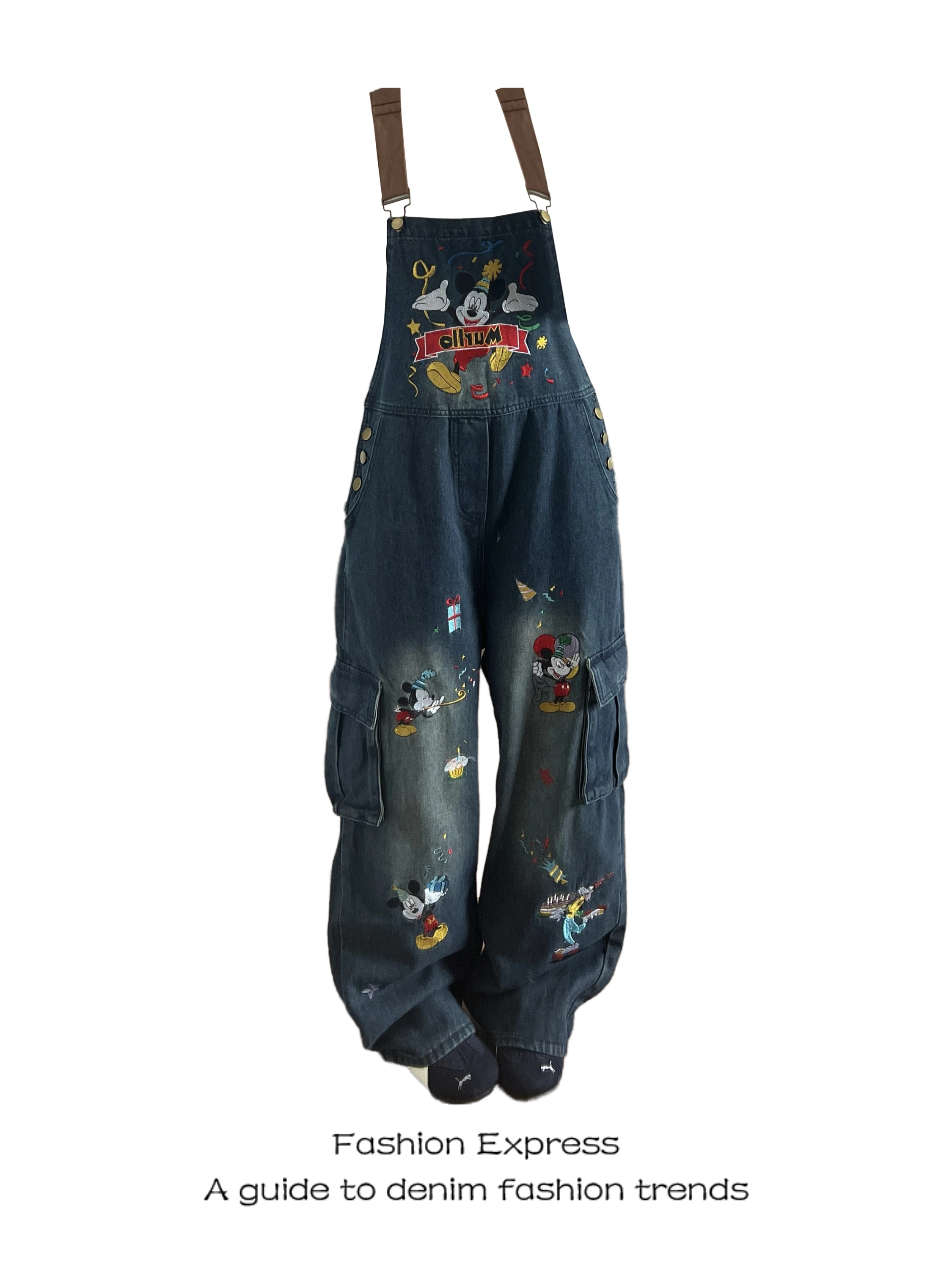 

Джинсовые брюки-комбинезон с вышивкой в мультяшном стиле, широкие штанины, женские, модные, трендовые, весна-осень, с высокой талией, повседневная одежда