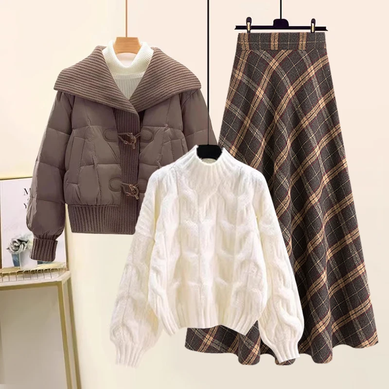 

Женский осенне-зимний модный комплект: утепленная флисовая хлопковая куртка, свитер и юбка, повседневный многослойный комплект из трех предметов