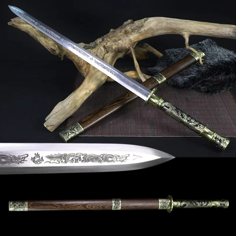 Chinese Rosewood Phoenix Battle Sword Handmade Forged High Manganese Steel Engraving Blade No Sharp