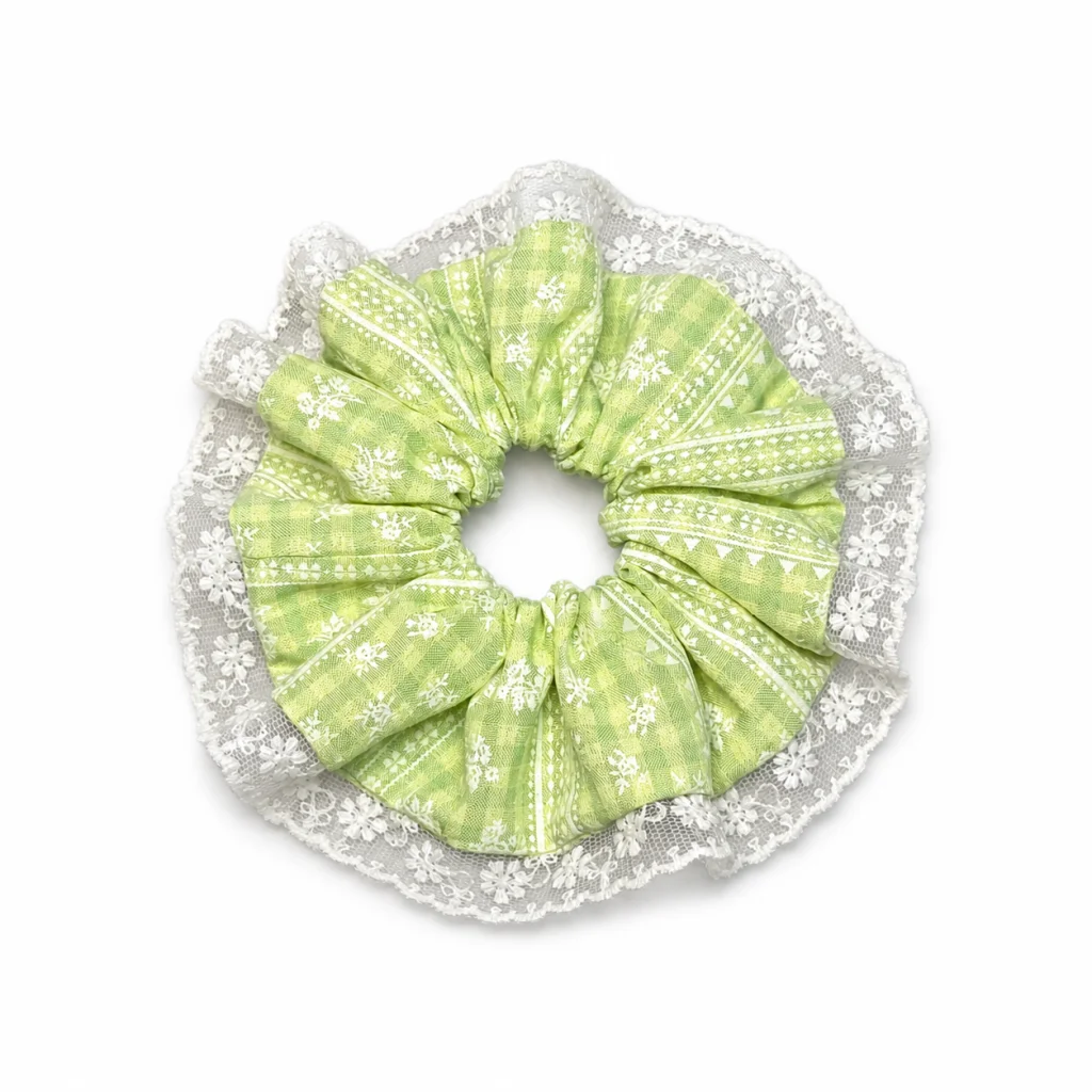 apple-green-folk-print-daisy-lace-single-layer-scrunchie-handmade-ruffle-hair-tie