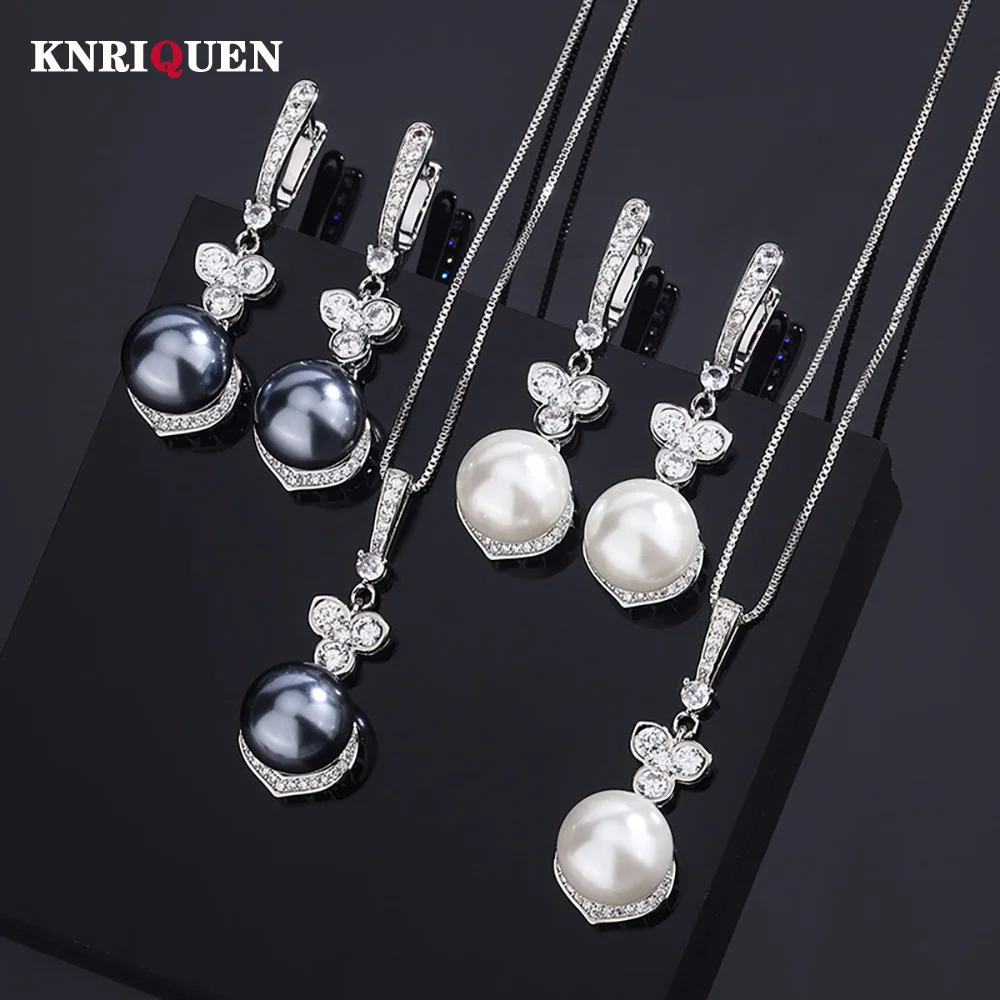 Charms 12mm White Black Big Pearl Lab Diamond Pendant Necklace Drop Earrings for Women Anniversary Wedding Party Jewelry Sets