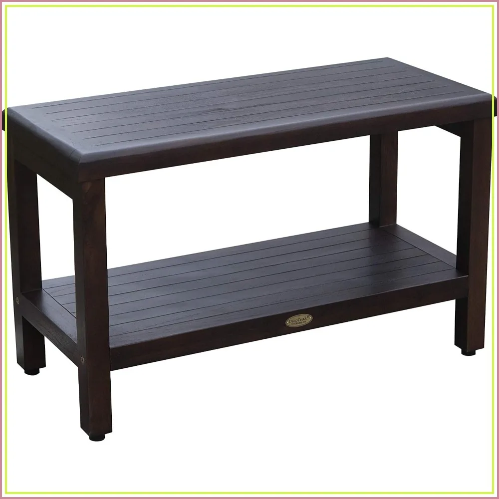 30 Inch Waterproof Teak Wood Shower Bench with Shelf, Sturdy Bathroom Stool Seat for Safety and Organization