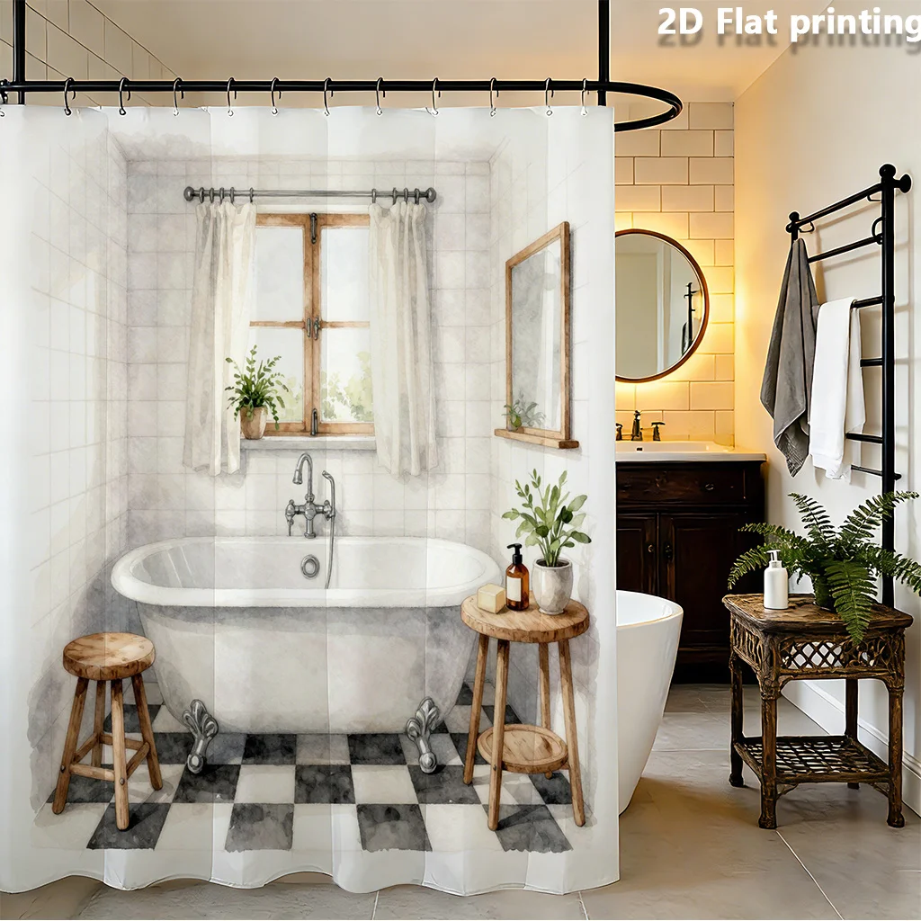 2D-Flachdruck-Duschvorhang im Aquarell-Stil mit weißer Badewanne und Holzhockern, geeignet für mehrere Anwendungen