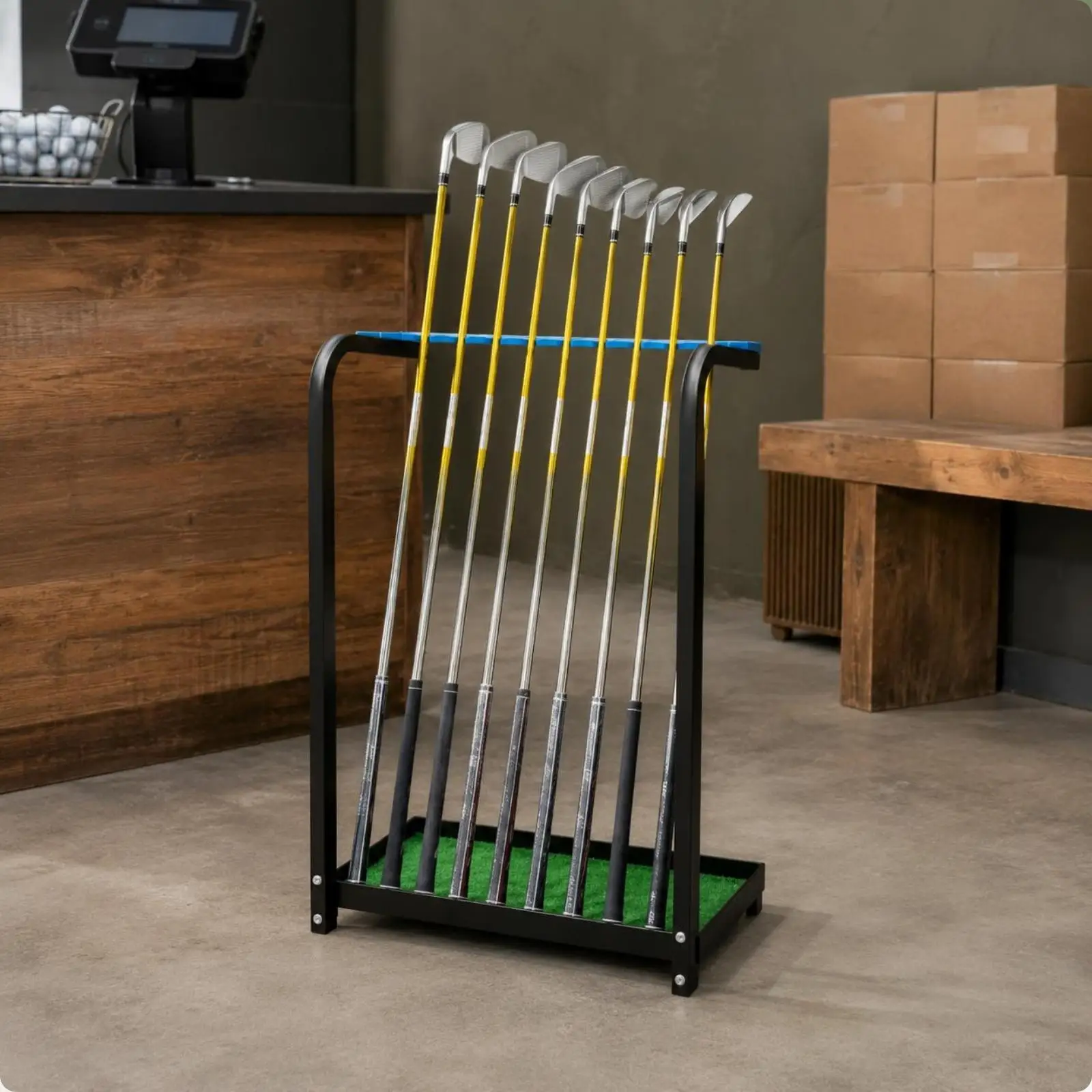 Golf Rack for Clubs 9 Slot Metal Organizer Display with Green Base Stable Stand for Home