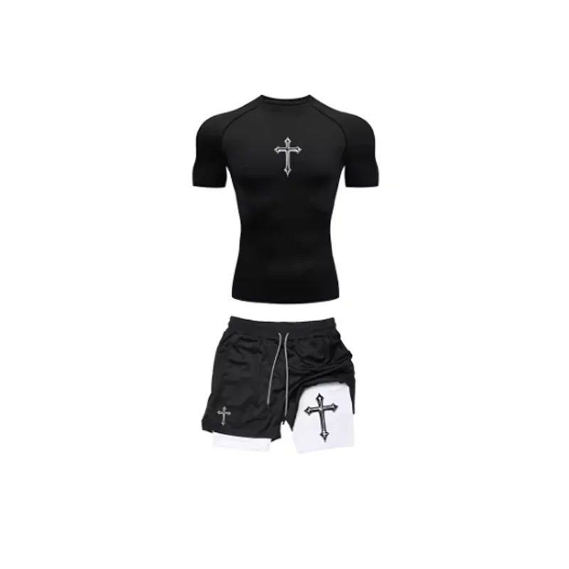 

Jogging Breathable Compression Sportswear Summer Men's Training Two-piece Tight T-shirt Fitness Shorts Gym Workout Set RL0008