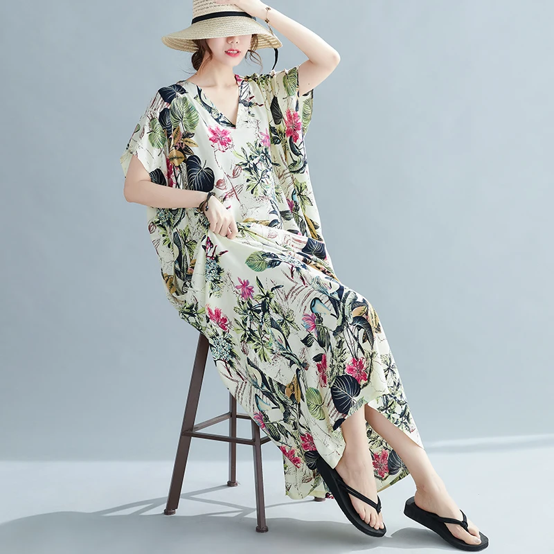Floral Print Long Robe Summer New V-ne Loose Dr Knee-length Ethnic Sle Women's Clothing Commute Artistic Loose Waist