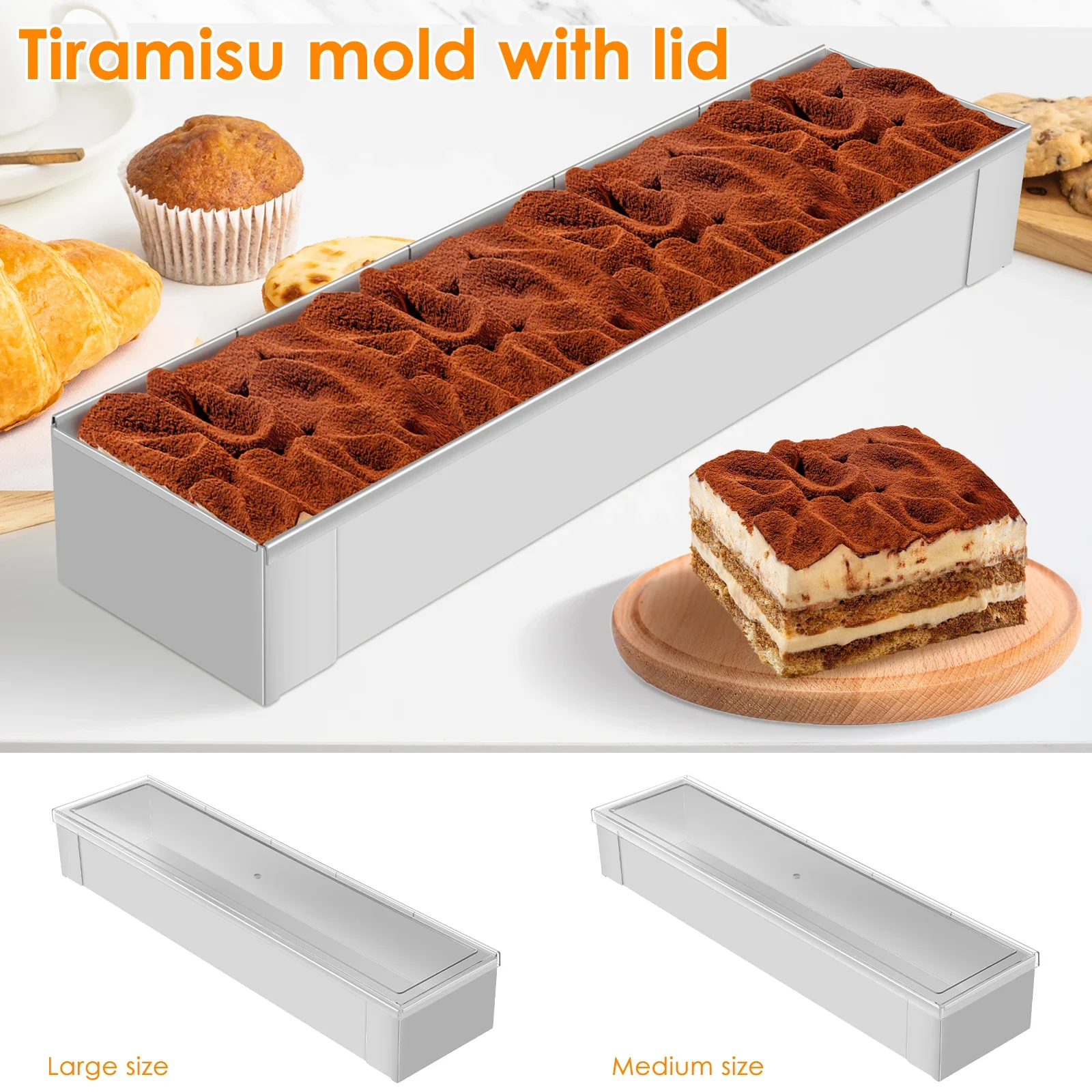 

Rectangle Tiramisu Pan 304 Stainless Steel Long Cake Baking Pan with Lid Removable Mousse Mold for Tiramisu Mousse Cake