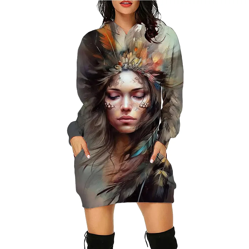 Feather Printed Hoodie Dress Animal Women's Face Daily Workout Hoodies Long Sleeve Pullover Autumn Winter Loose Tee Traf Vestido