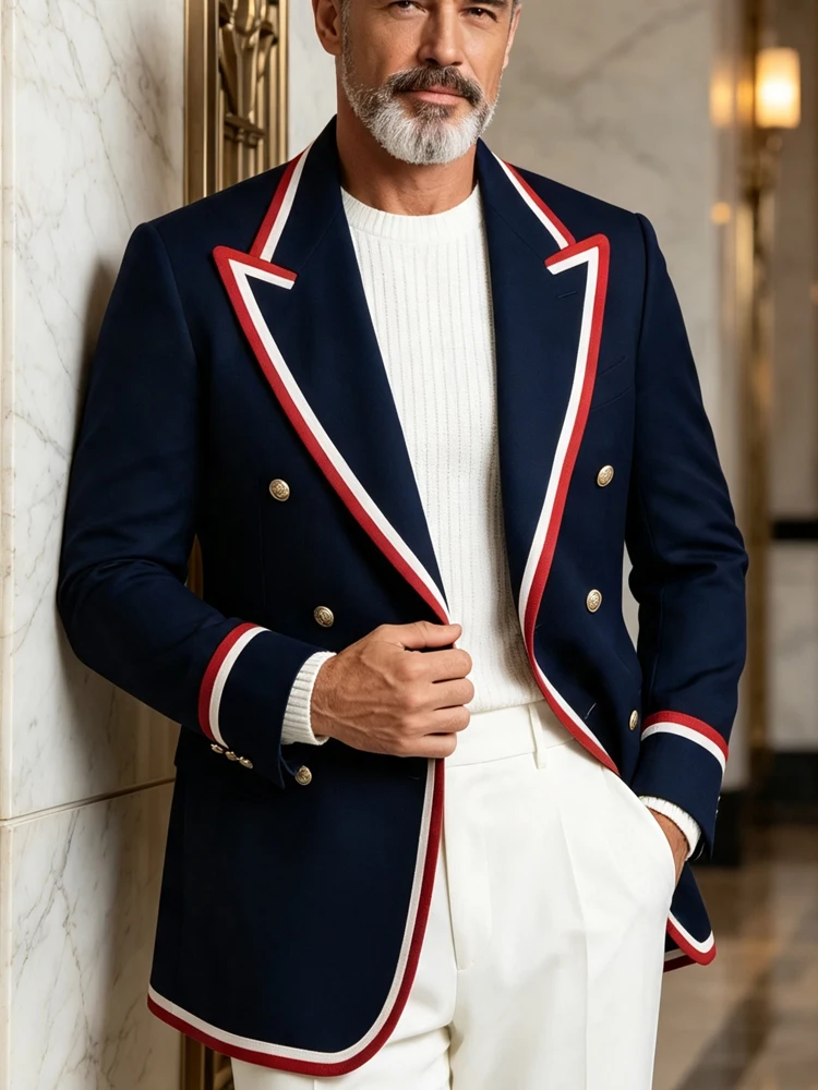 Men's Business Casual Blazer Navy Double Breasted Notched Lapel Red White Contrast Slim Fit Formal Office Party Suit Jacket
