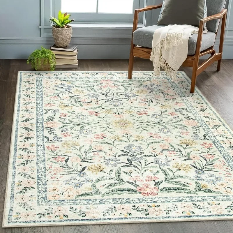 Carpet for Living Room Green Floral Pattern Non-slip Coffee Table Rug Machine Washable Folding Bedside Bedroom Mat Alfombra 러그