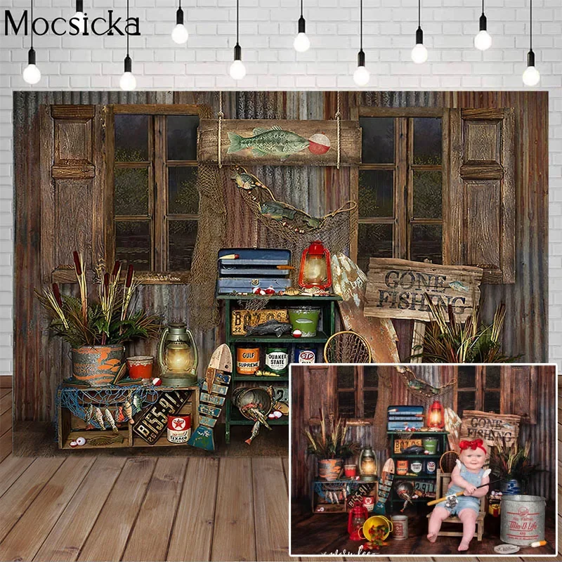 

Gone Fishing Boy Girl Birthday Photography Background Fishing Gear Brown Board Child Portrait Cake Smash Backdrop Photo Studio