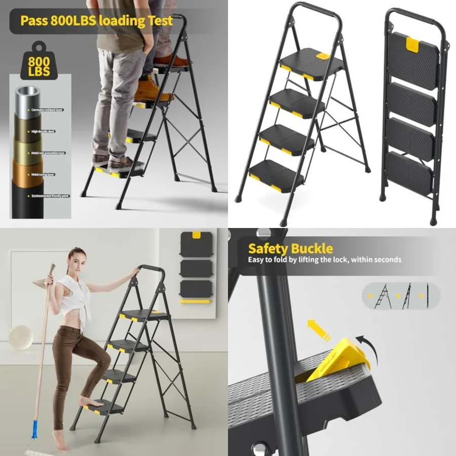 

Sturdy Steel Step Stool with Safe-Lock Design, Handrail, Anti-Slip Wide Pedals, Pass 800lbs Load Testing, Folding Portable Ladd