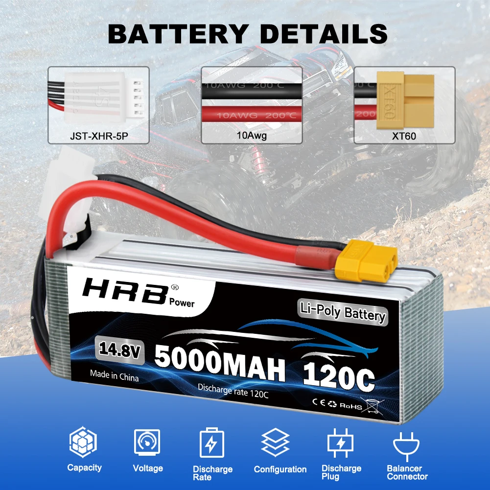 HRB 4S يبو بطارية 14.8 فولت 5000 مللي أمبير RC يبو 120C مع موصل XT60 ل 1/10 1/12 RC سيارة RC طائرة هليكوبتر RC قارب