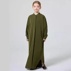 Ramadan kids Abayas Muslism Elegant Girl's Solid Crew Neck Long Sleeve Kaftan Dress For Pray Party,  Abaya Dubai luxury