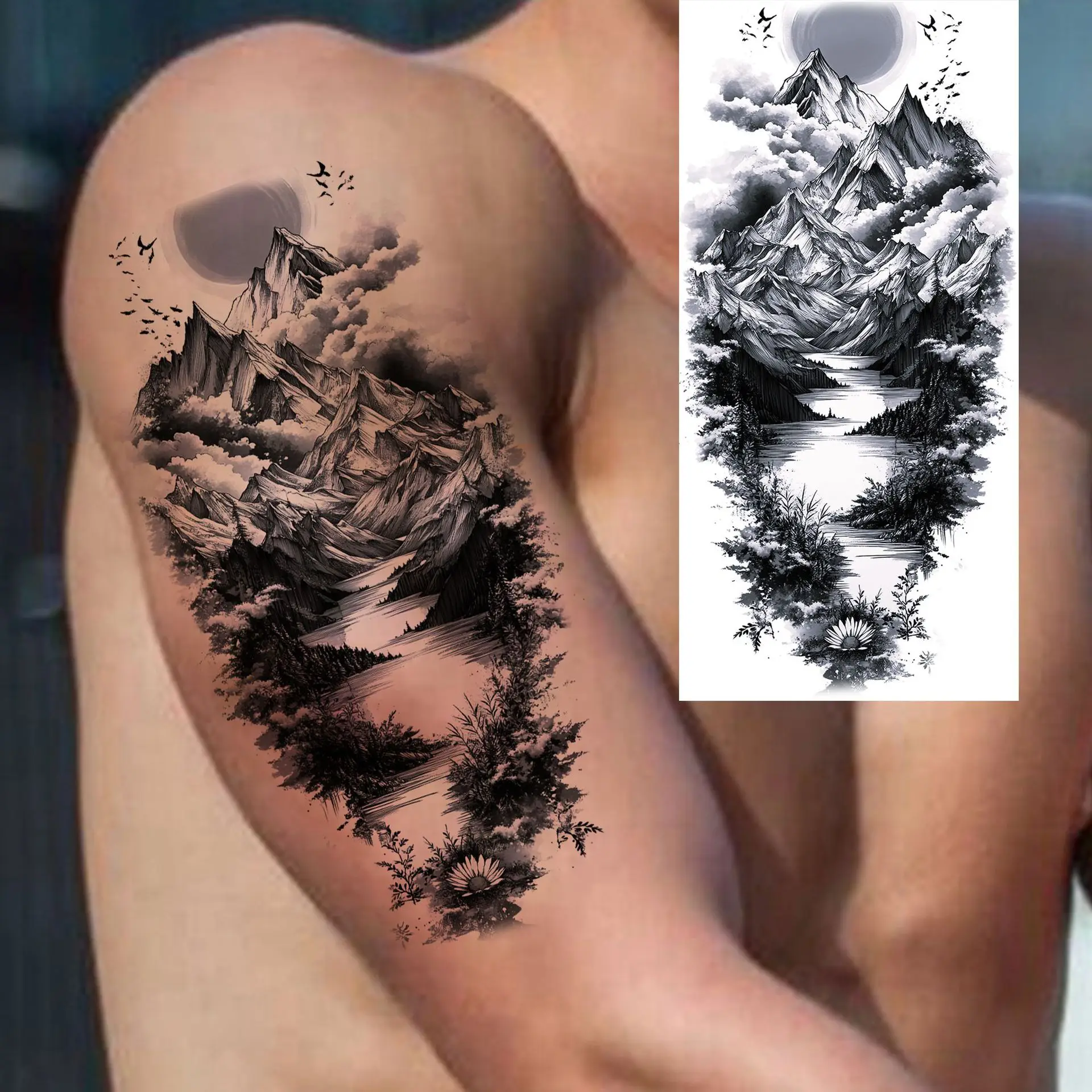 

Temporary Tattoo Stickers Water Transfer Landscape Mountain Premium Durable Skin Safe for Leg Arm
