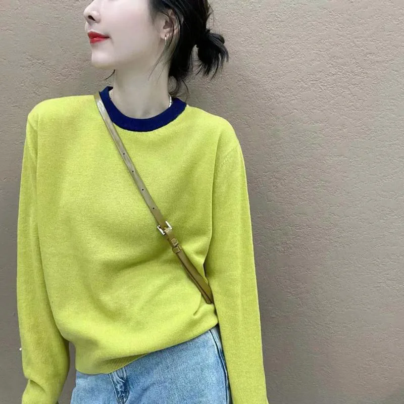 Casual Slim Long Sleeve Knitted Base Layer Sweater round Neck Splice Design Women's Innerwear Outerwear Loose Fit Autumn Wear
