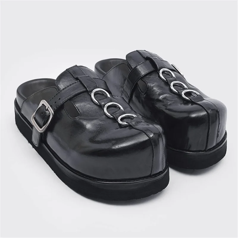

Genuine Leather Man Sandals Vintage Round Toe Men Slip-On Slippers