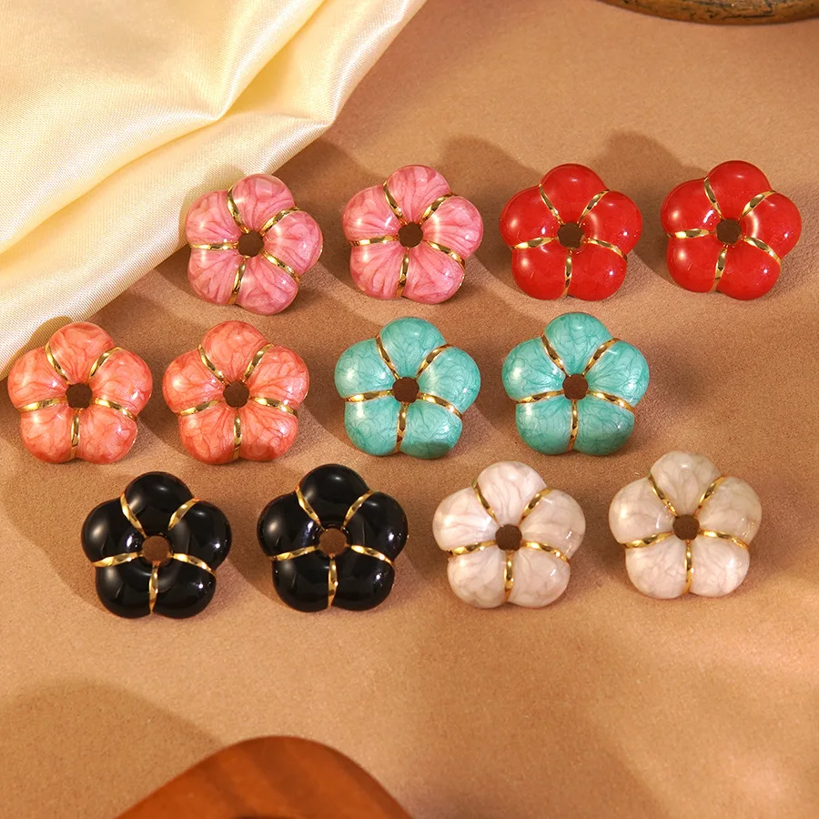 

Wholesale 5pcs Mixed Colors Fashion Stainless Steel Flower Earrings Tarnish Free Non-fading Oil Drop Dahlia Ear Stud Jewellery