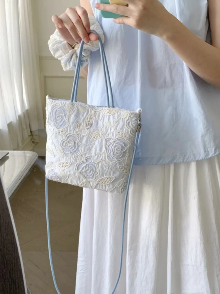 

2025 New Hollowed Out Rose Embroidery Hand-held Small Square Bag Niche Design Crossbody Canvas Commuting Bags for Women