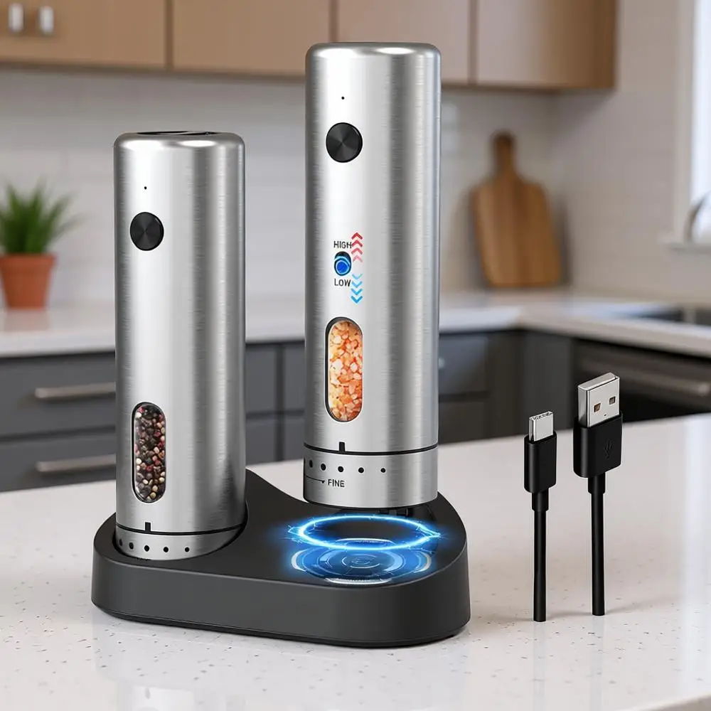 

Набор автоматических мельниц для соли и перца из нержавеющей стали с перезаряжаемой базой, 2 скорости помола, объем 176 мл, серебристый цвет