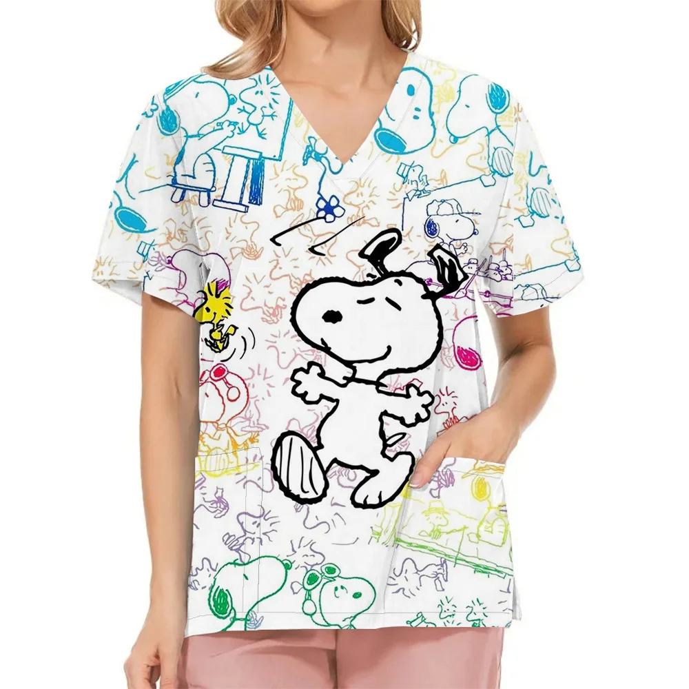 Cartoon Womens T-Shirts Medical Nursing Uniform Snoopy Print V-Neck Short Sleeve T Shirt Tops With Pocket Women's Clothing Cute