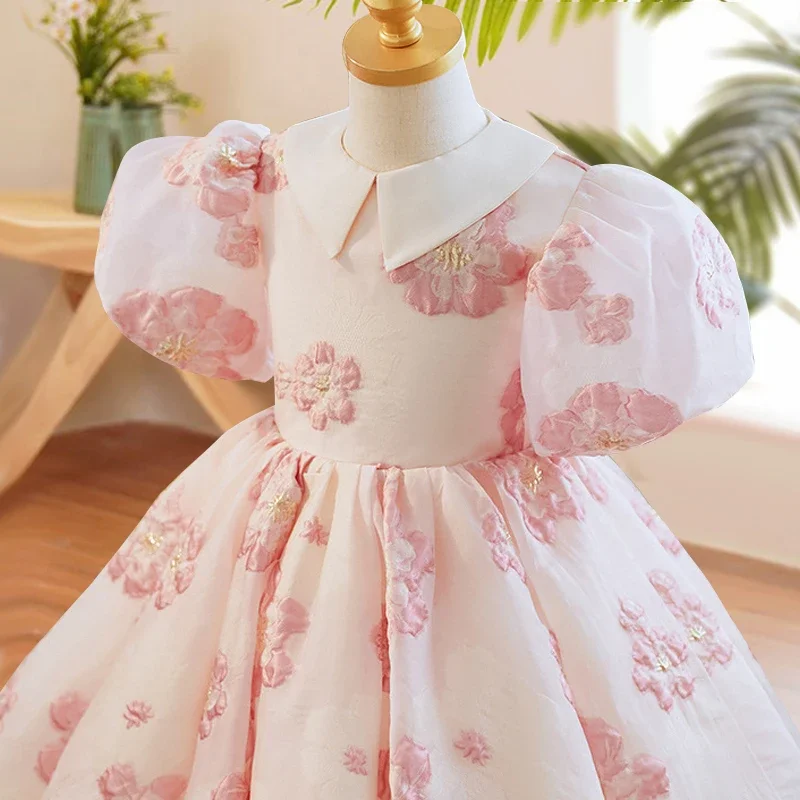 

Elegant Girls Flower Puff Sleeve Dresses For Wedding Kids Formal Birthday Party Fairy Princess Cloth Children Embroider Vestidos