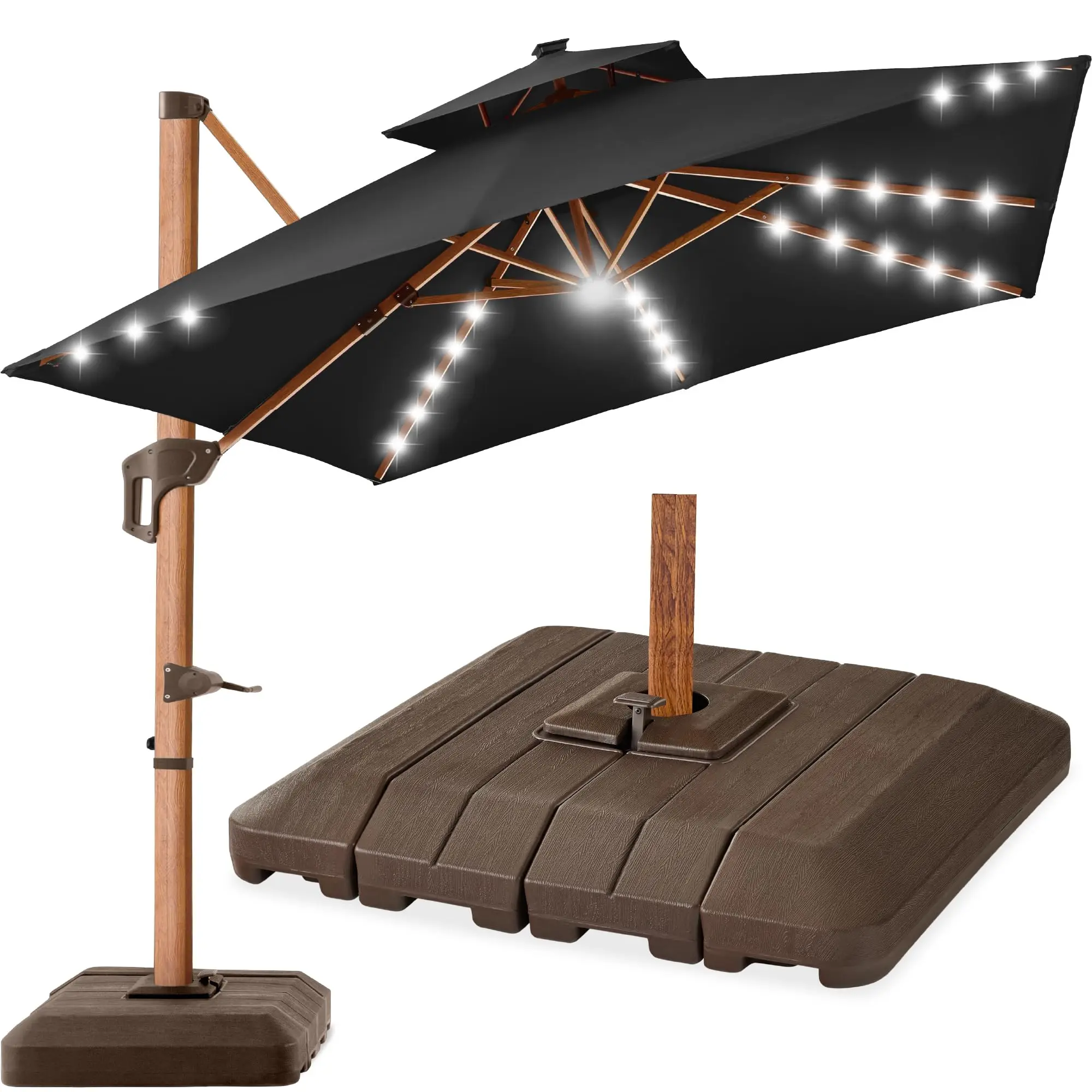 10ft Square Cantilever Patio Umbrella w/Base Included, Woodgrain Pattern Pole & Solar LED Lights, 360-Rotation, Offset