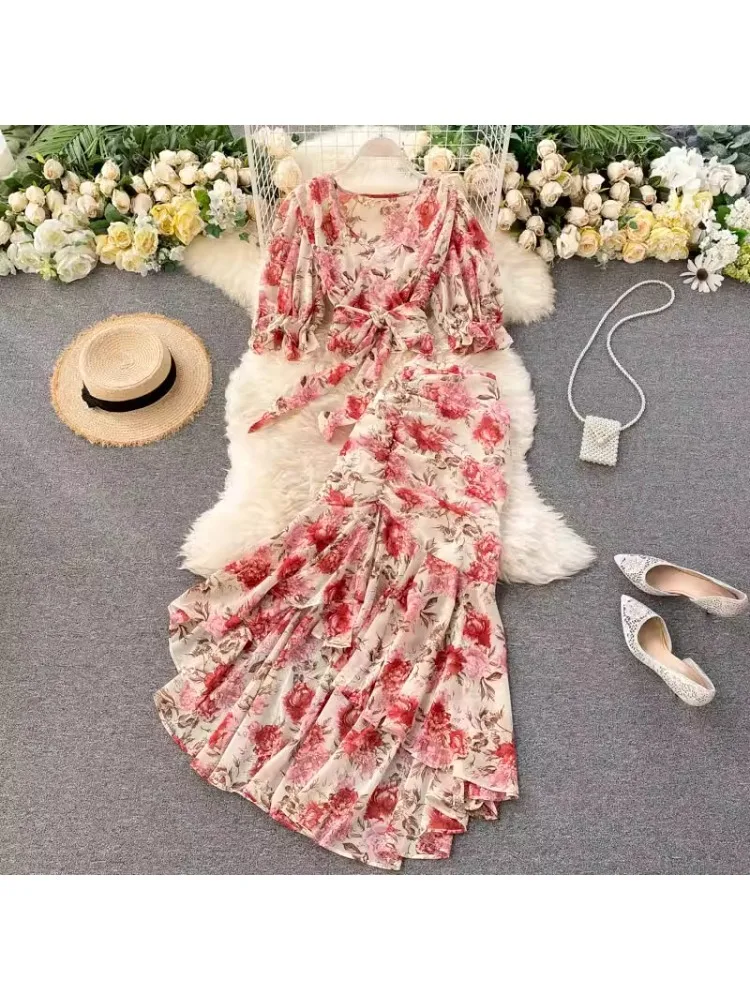 Ensemble deux pièces sexy en mousseline de soie, haut chic avec jupe sirène taille haute, tenue de plage pour les vacances