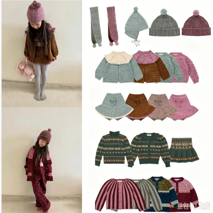 Girls Sweater 2026 Winter New Printed Fashion Tassel Knit Cardigan Coat Cotton Thickened Warm Popcorn Pullover Knit Short Skirt