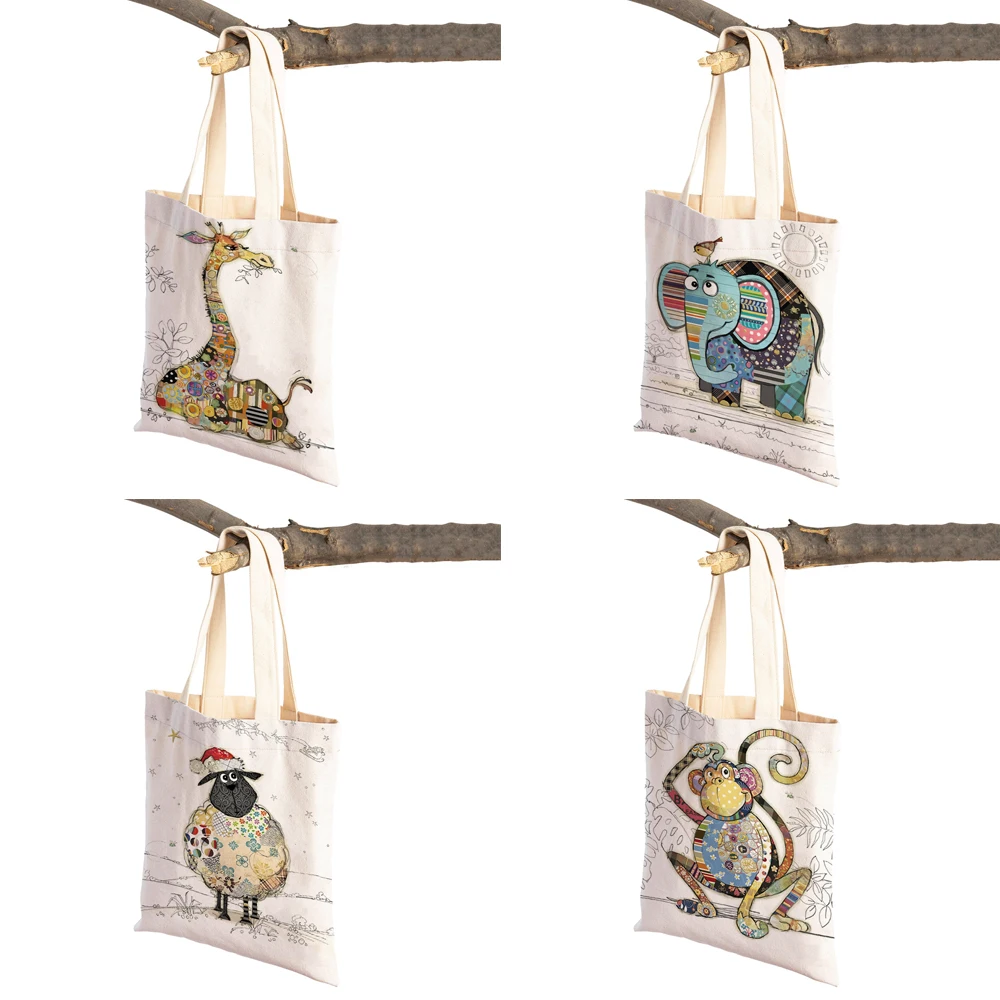 Casual Cartoon Animal Art Women Shopping Shoulder Bag Monkey Elephant Cat Dog Canvas Foldable Reusable Cloth Lady Tote Handbag