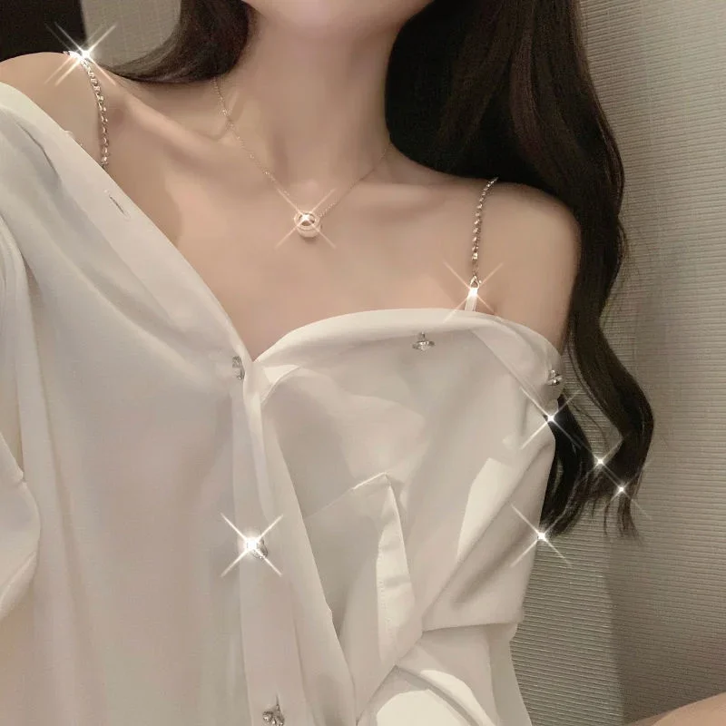 Shirts Women Design Elegant Solid Chain Slash Neck Trendy Leisure Sexy Long Sleeve Spring All-match Females Daily Ulzzang New