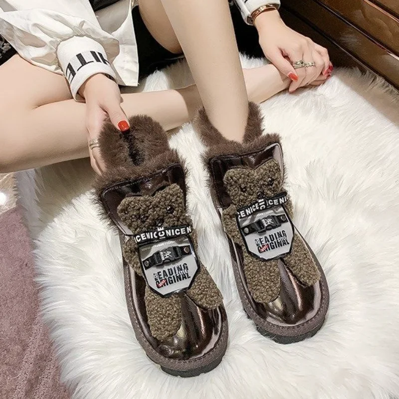 Short Barrel Snow Boots Woman Low Winter 2024 Furry Silver Footwear Leather and Fur Ankle Booties Shoes for Women Flat Elegant