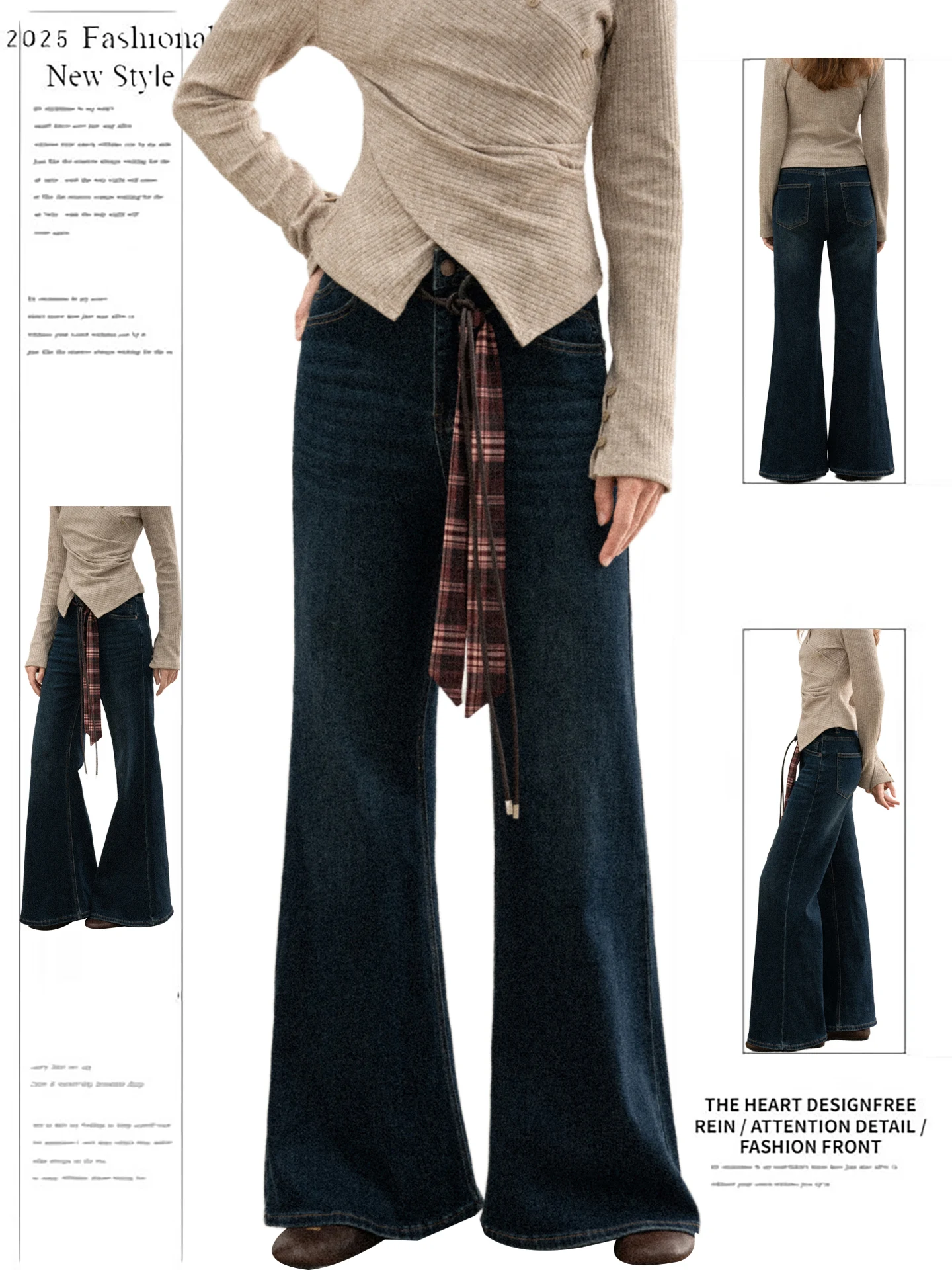 

American Retro High Waist Bell Bot Jeans Women's Belted Straight Leg Wide Leg Pants Autumn Winter New Sle Slimming Effect