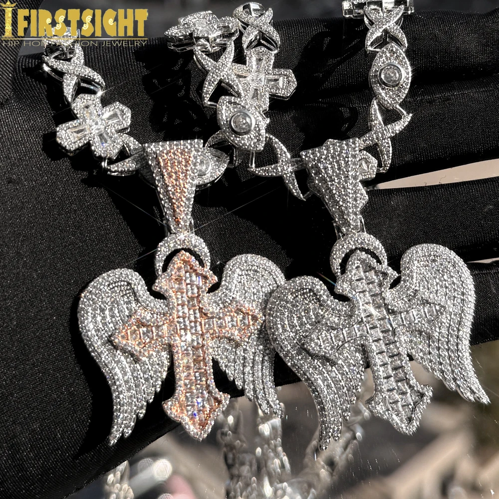 Iced Out Two Tone Rose Gold Color Angel Wing Cross Pendant Necklace for Men Women Cubic Zirconia Charm Hip Hop Jewelry