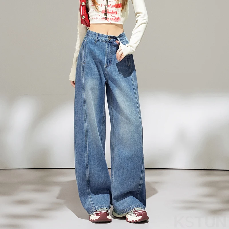 KSTUN 2026 Women's Elegant Jeans High Waist Wide Leg Denim Pants Patchwork Streetwear Personalized Pockets Straight-Leg Trousers