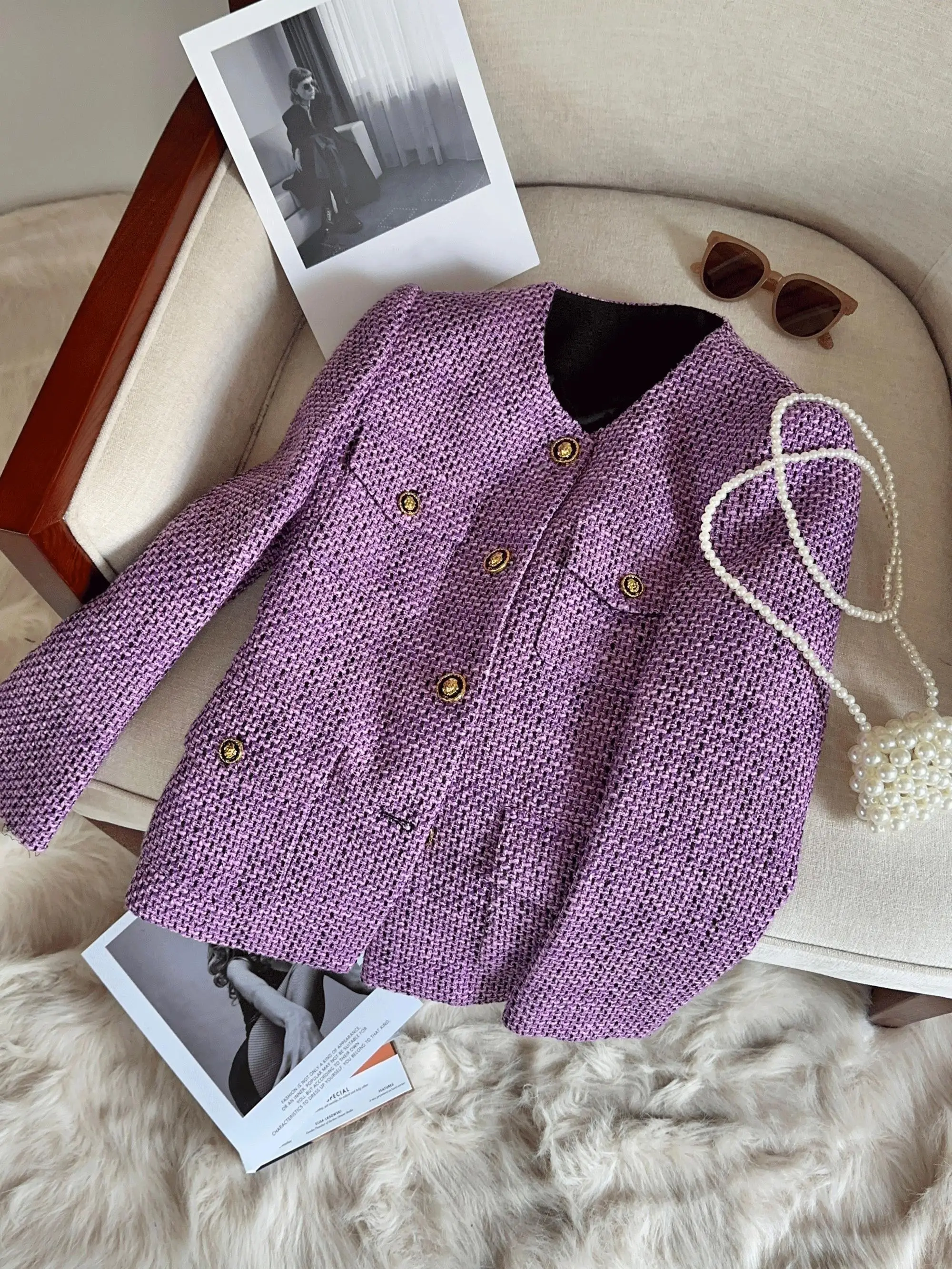 

Ele Purple Tweed ort Coat Women's Faion Autumn Winter New Sle High Quali Small Size Top A78093 Commute Sle