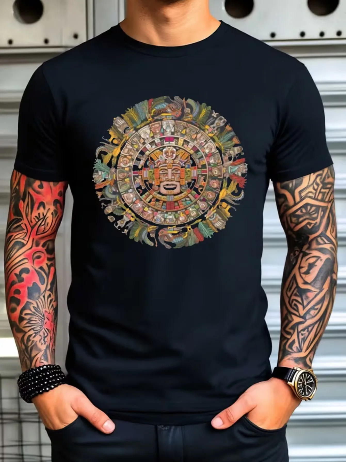 Men's Printed T-Shirt with Mayan Sun Calendar Design, Archaeology Enthusiast Vintage Totem, Artistic Style, Breathable Casual To