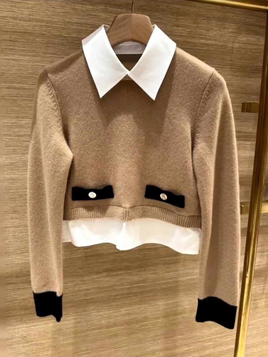 

LIMANER2025 Весенний пуловер из мягкой шерстяной смеси с воротником-стойкой, вязаный топ с цветовыми блоками, универсальный, для повседневной носки, имитация двухслойности