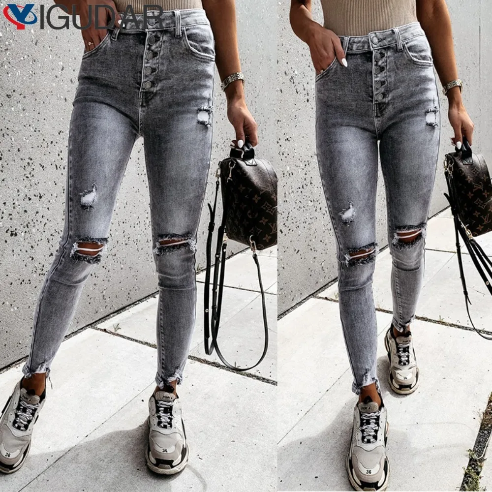

Узкие рваные джинсы 2024, женские брюки, брюки Y2k, длинные женские брюки-карандаш, однотонные джинсы, женские весенне-летние повседневные брюки с высокой талией