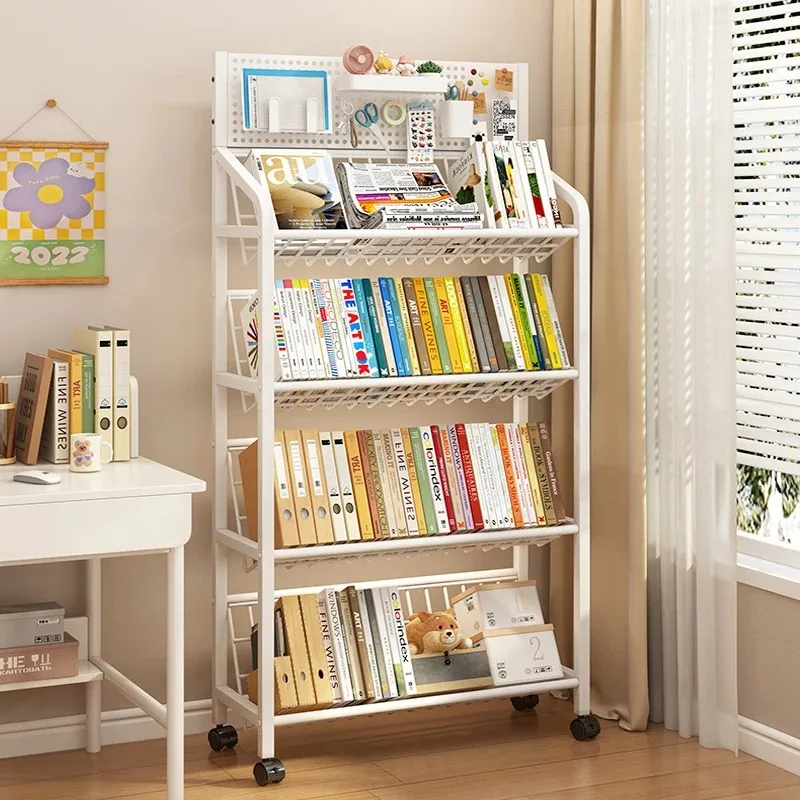 Floor Standing Multi-Layer Bookshelf Living Room Magazine Rack Iron Bookcase Movable Storage Organizer Wheels Books Toys